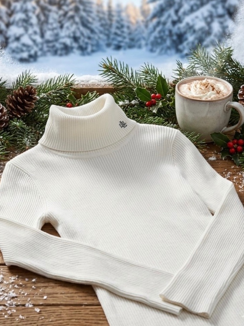 Lauren Ralph Lauren Ribbed Turtleneck Sweater Cream White LRL Logo PL